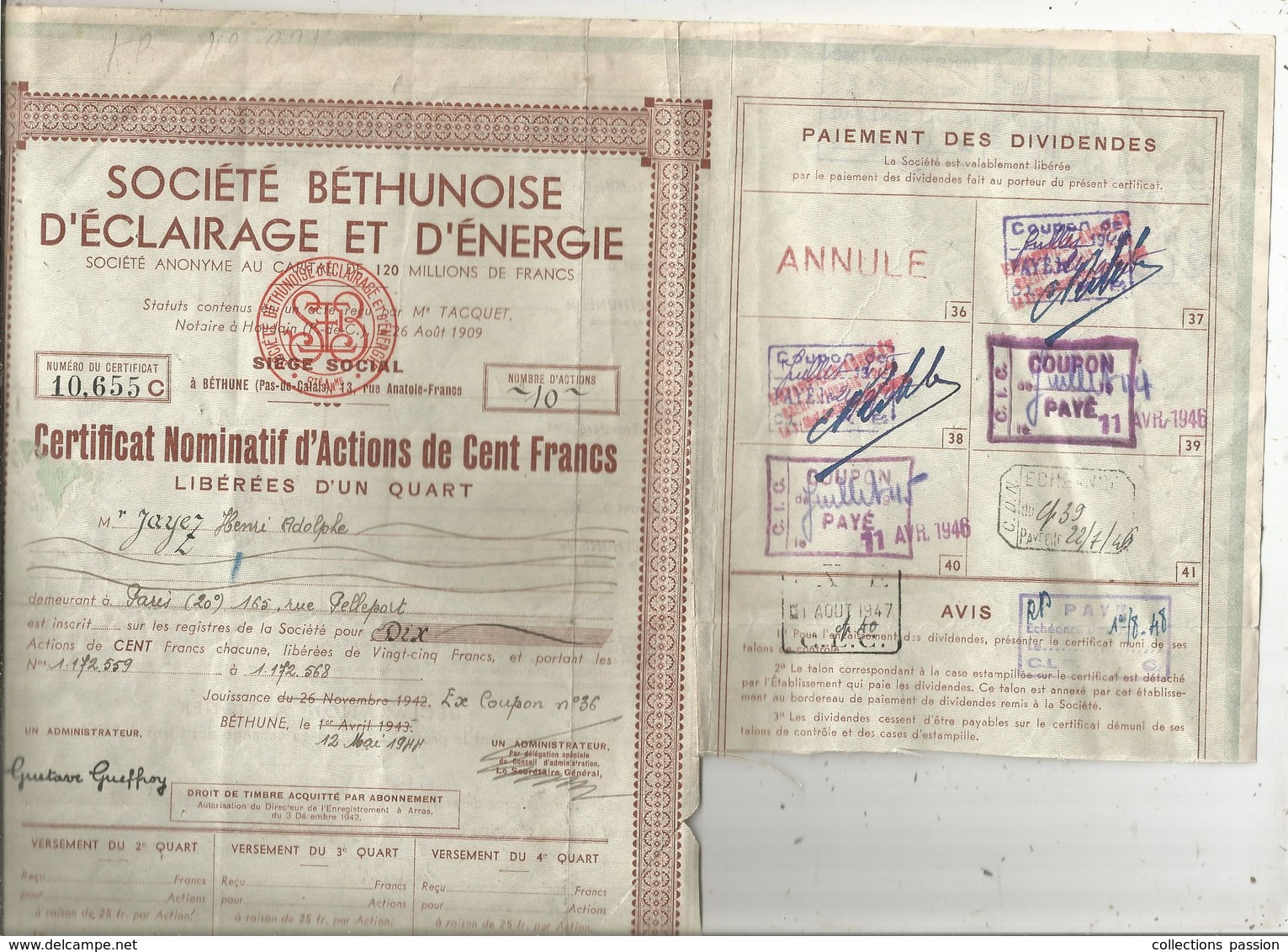Certificat Bominatif D'actions De Cent , 100 Francs Libérées D'un Quart,sté Béthunoise D'éclairage Et.., Frais Fr 1.85 E - Otros & Sin Clasificación
