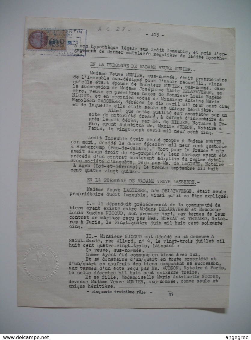 Document Fiscaux Perforé Perfin     AC 28  J. Constantin Notaire  15 Rue Roqupine Paris - Autres & Non Classés