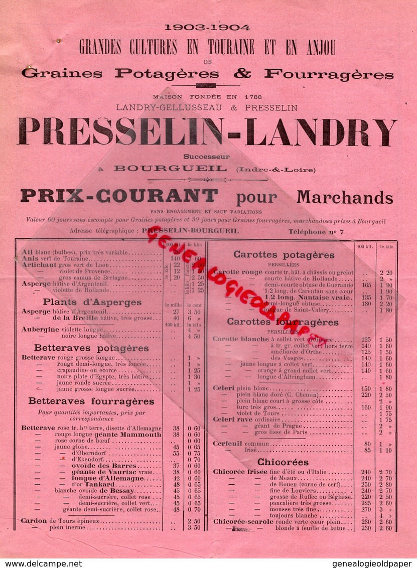 37 - BOURGUEIL - CATALOGUE TARIF PRESSELIN-LANDRY- GELLUSSEAU- 1903-1904-GRAINES POTAGERES HORTICULTURE-HORTICULTEUR - Landwirtschaft