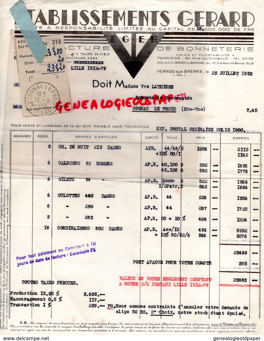 37 - VERNOU SUR BRENNE- FACTURE ETS. GERARD - EGER- MANUFACTURE BONNETERIE- USINE TOURCOING- 1953 - Textile & Vestimentaire