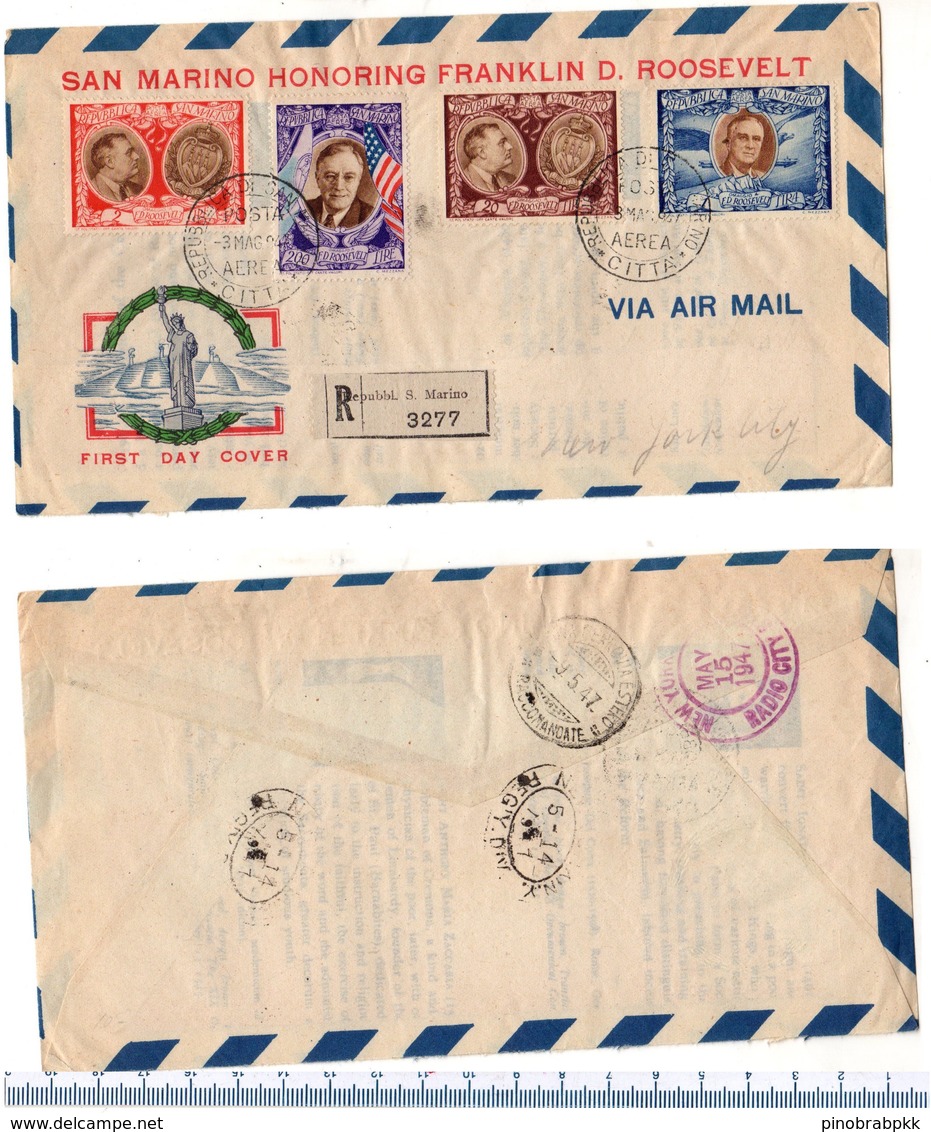 Storia Postale Aerea San Marino 1947 Honoring Franklin Roosevelt Airmail Envelope - First Day Cover - Storia Postale