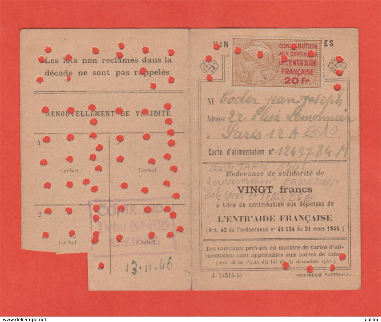 1946 Carte Tabac Gouvernement Provisoire Coderc Timbre Erinnophilie Contribution Aux Dépenses De L'Entraide Française 20 - Autres & Non Classés