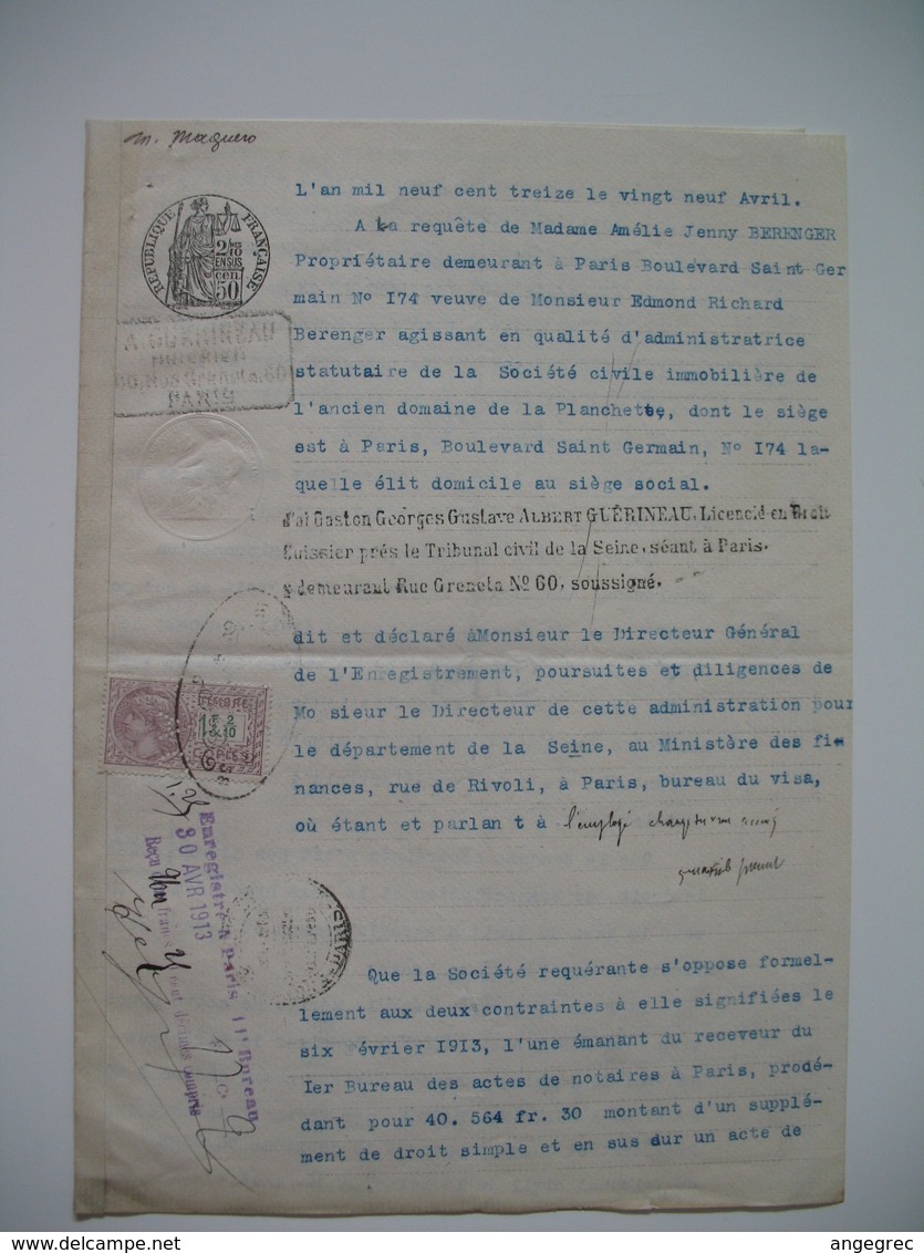 Document Fiscaux Perforé Perfin     AG 91-1 A. Guerimeau Huissier  Paris  1913 - Autres & Non Classés