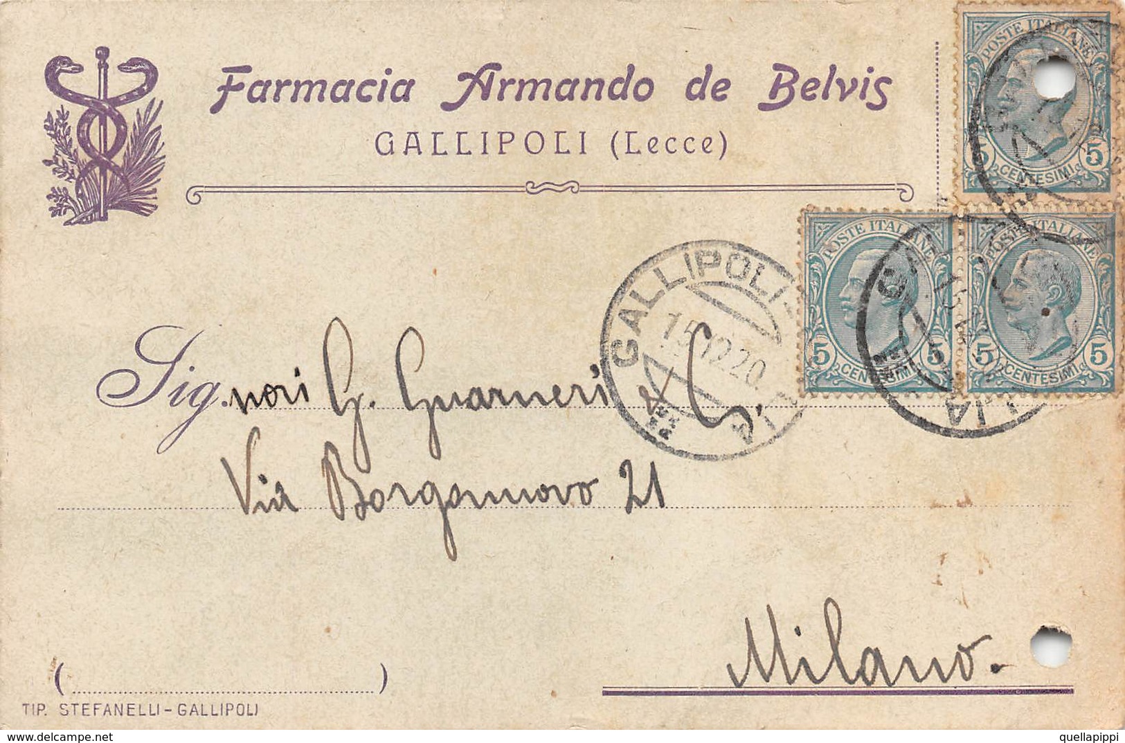 08256 "LECCE-GALLIPOLI - FARMACIA ARMANDO DE BELVIS"  CART COMM SPED 1920 - Italy