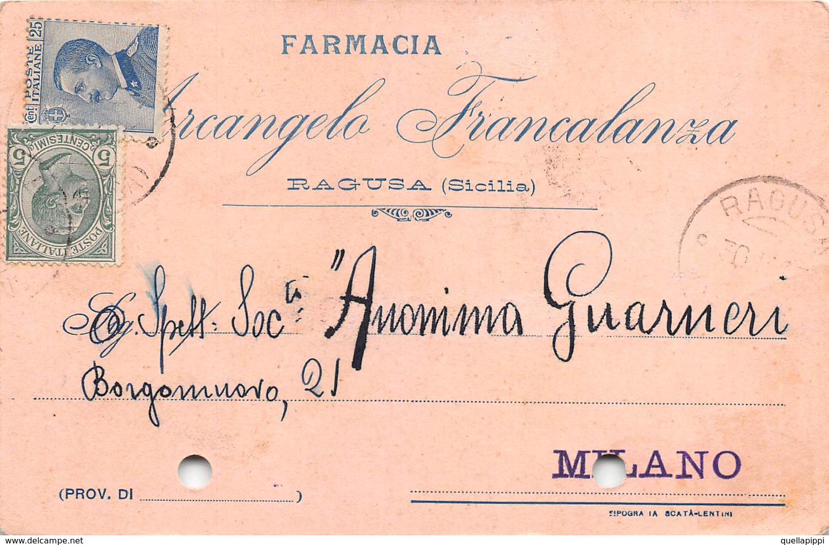 08259 "RAGUSA - FARMACIA ARCANGELO FRANCALANZA"  CART COMM SPED 1923 - Italia