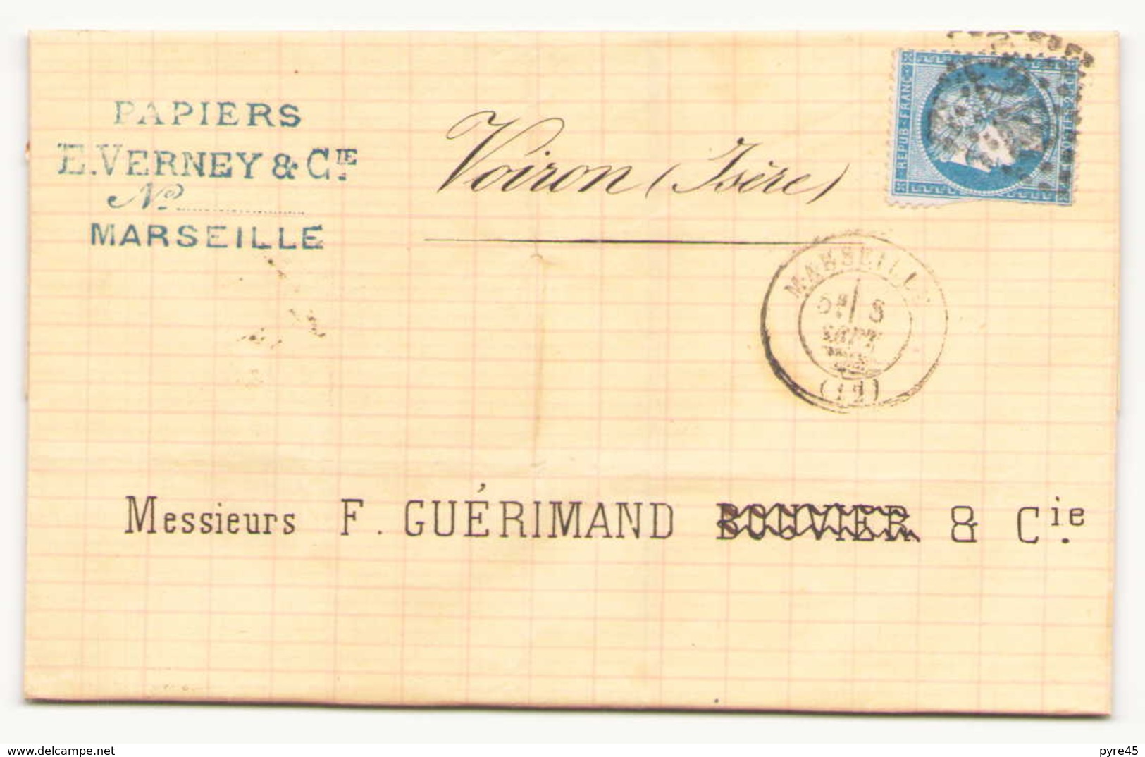 Enveloppe Du 3 Septembre 1872 De Marseille Pour Voiron - 1871-1875 Cérès