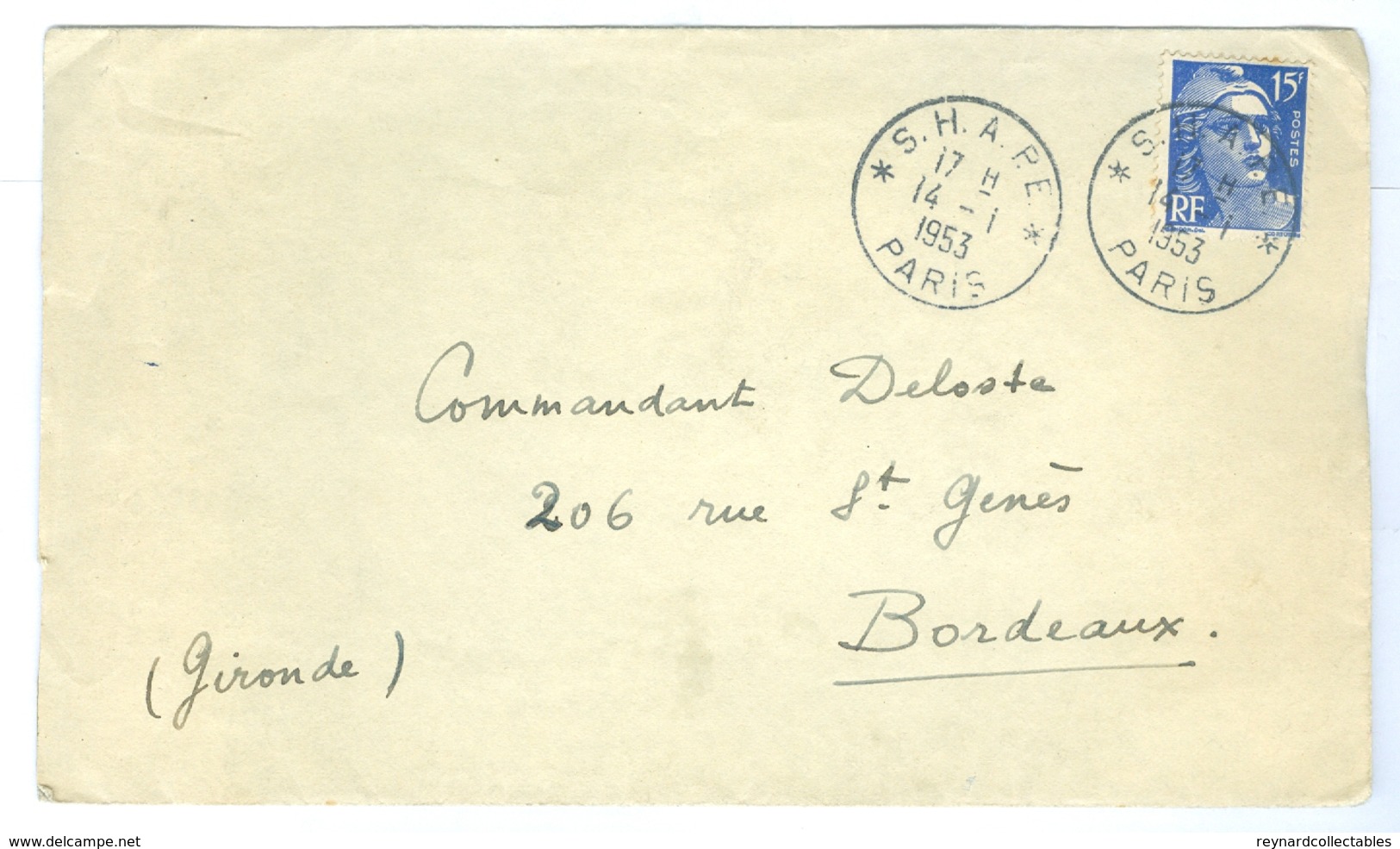 1953, France S.H.A.P.E Postmark To Bordeaux. - 1921-1960: Période Moderne