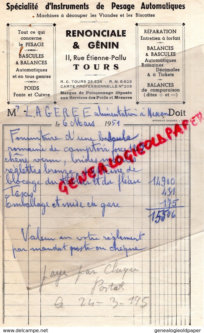 37- TOURS - FACTURE RENONCIALE & GENIN- INSTRUMENTS DE PESAGE AUTOMATIQUE-BASCULE BALANCE ROMAINE-1951 - Petits Métiers