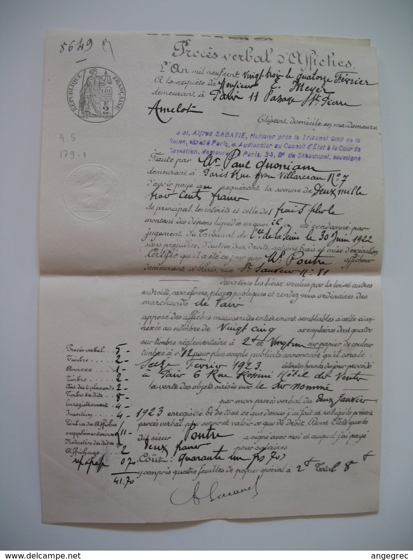 Document Fiscaux Perforé Perfin     AS 179-1  A. Sabatie Paris  1923 - Autres & Non Classés