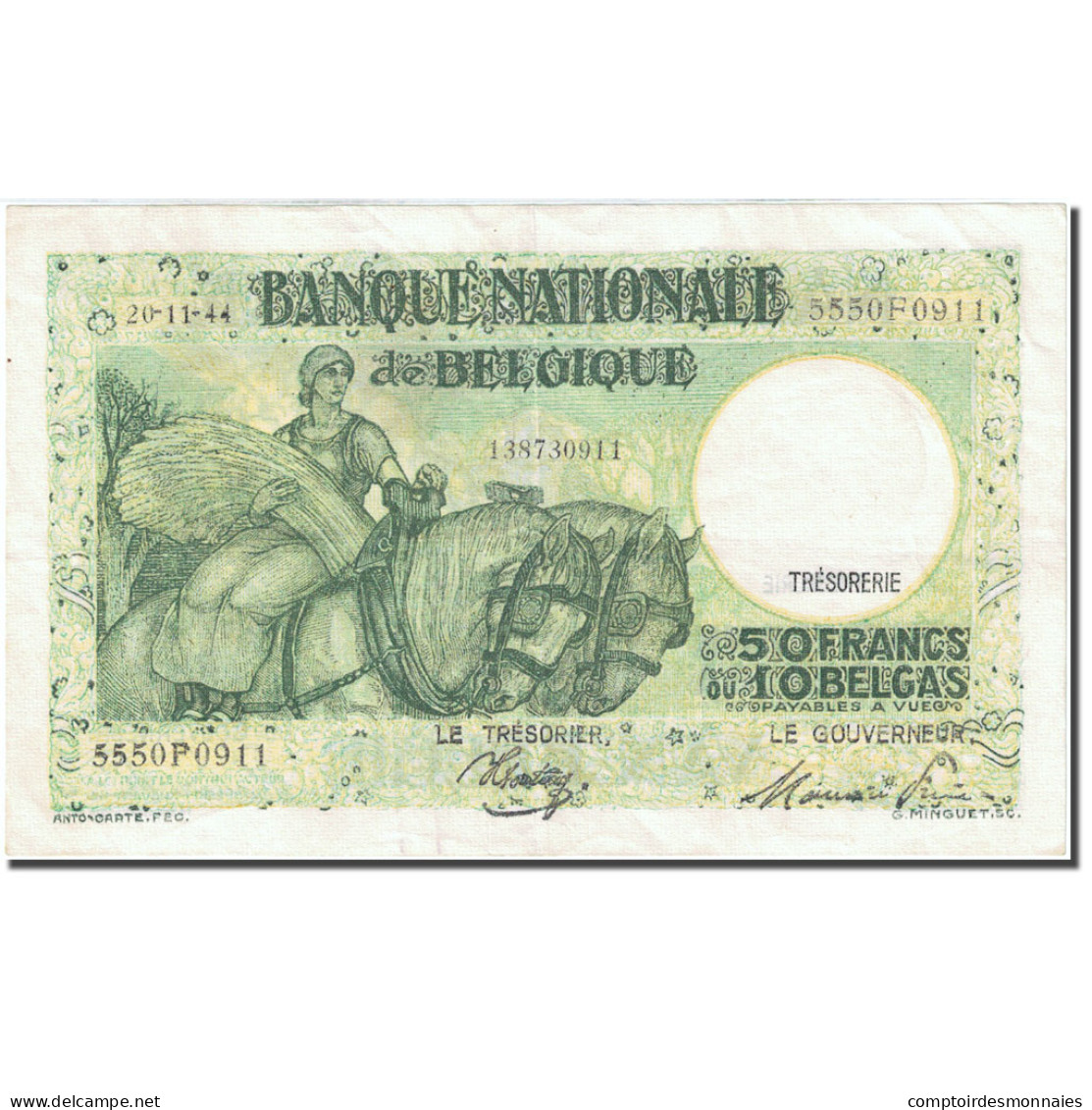 Billet, Belgique, 50 Francs-10 Belgas, 1933-1935, 1944-11-20, KM:106, TTB - 50 Franchi-10 Belgas