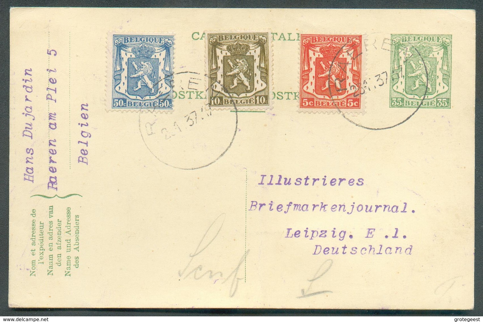 Canton De L'EST - E.P. Carte 35 Centimes Sceau De L'ETAT + Tp 5, 10 Et 50c. Pour Un Tarif De 1Fr. Obl. Sc RAREN 2.1.37 V - Postcards 1934-1951