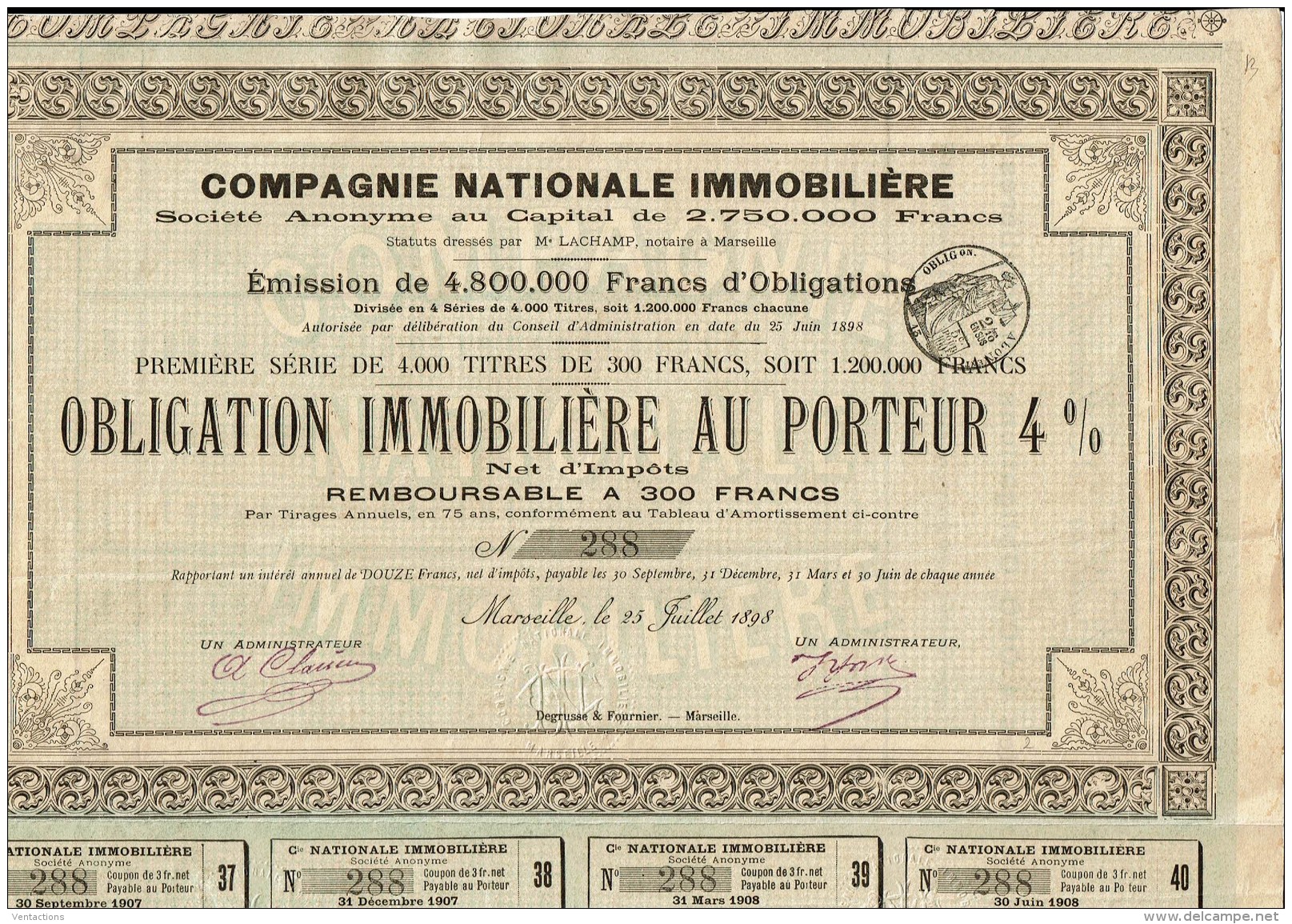 13-IMMOBILIERE. Cie Nationale Immobilière. Obligation De 1898 - Other & Unclassified