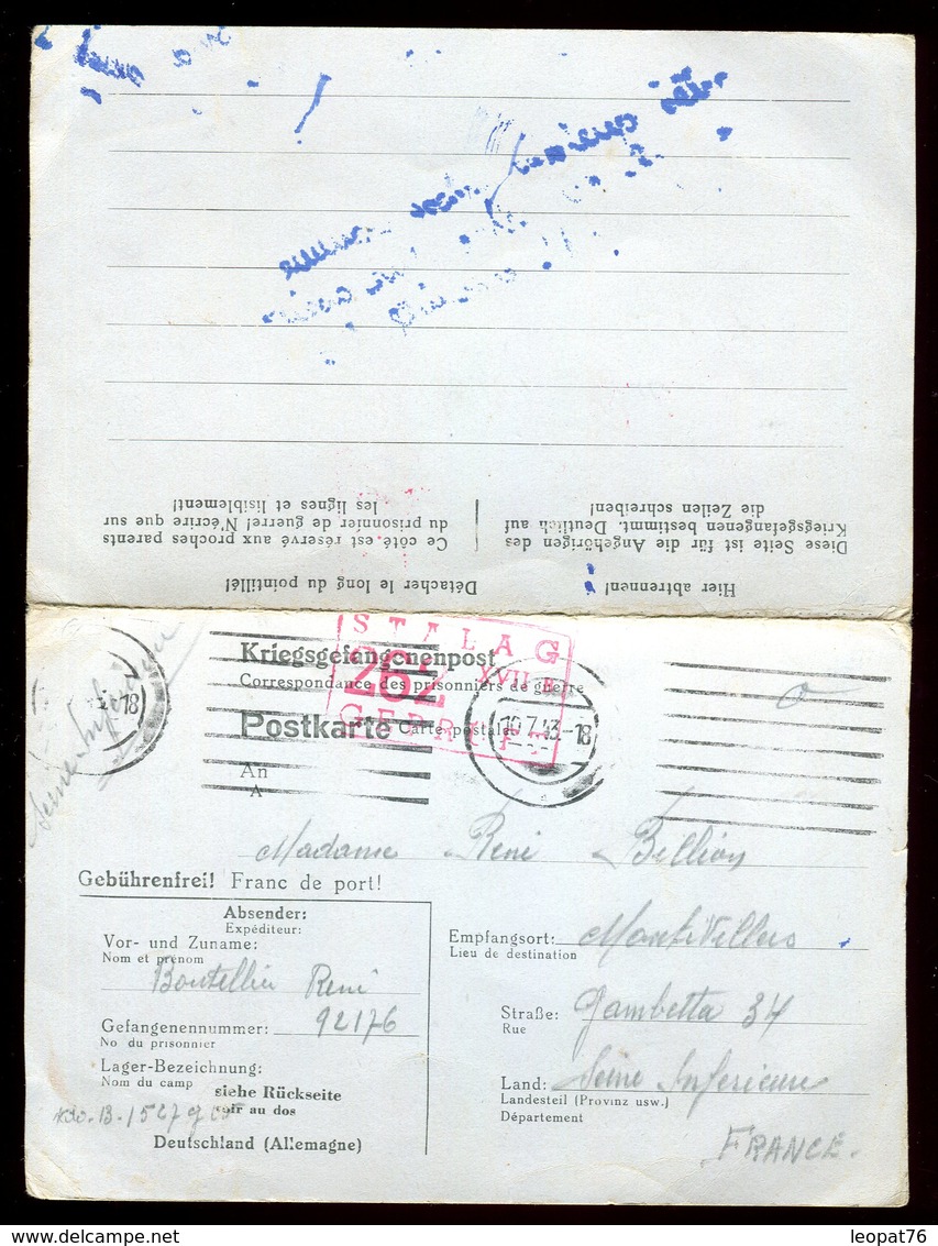 Carte Avec Réponse Du Camp De Prisonnier " Stammlager XVII B " En 1943 - Guerre De 1939-45