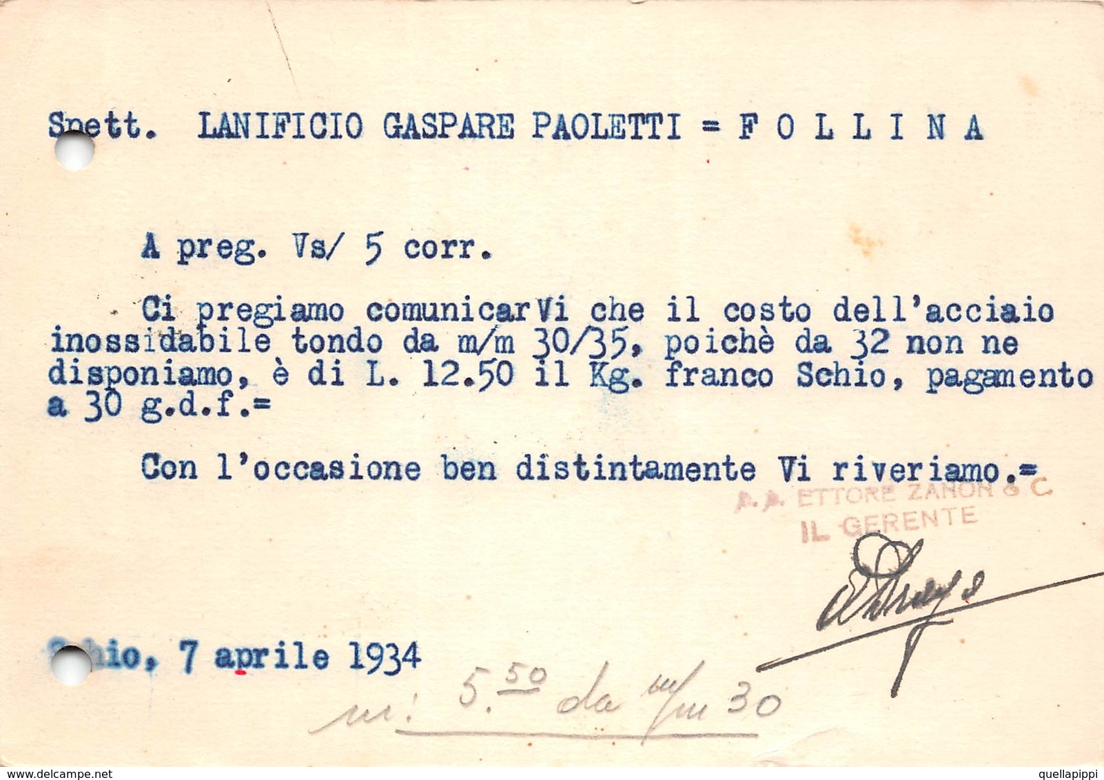 08277 "VICENZA-SCHIO - ETTORE ZANON & C. COSTRUZIONI MECCANICHE ACCIAIO INOSSIDABILE" DECO. CART COMM SPED 1934 - Autres & Non Classés