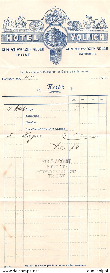 08280 "TRIESTE - HOTEL VOLPICH - ALL'AQUILA NERA - ZUM SCHIWARZEN ADLER" NOTE DEL 6/10/1913 - Italy