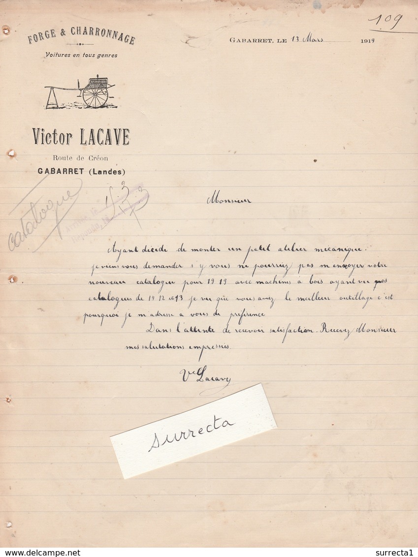 Facture 1919 / Victor LACAVE / Forge Charronnage / Route De Créon / 40 Gabarret Landes - Other & Unclassified