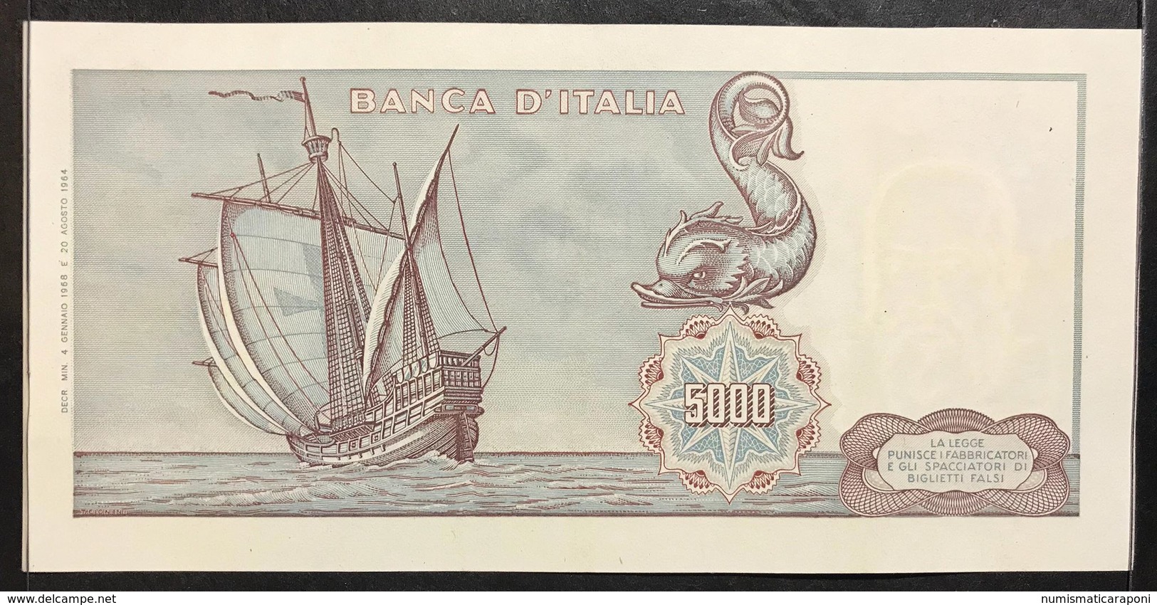 5000 Lire Colombo I° Tipo 1 Caravelle 04 01 1968 Scritta Cancellata Altrimenti Spl  LOTTO 2230 - 5000 Lire