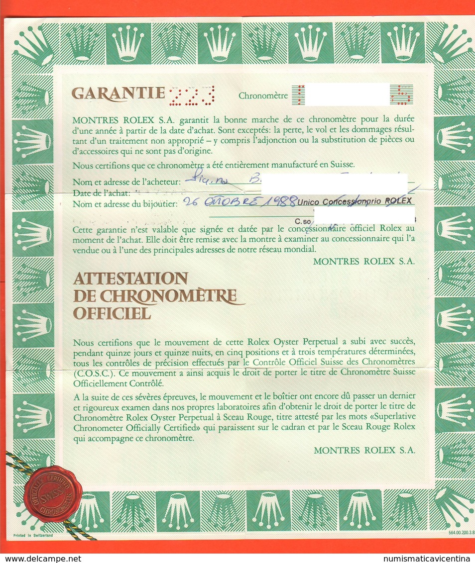 Rolex Garanzia Garantie Ugfficiale Per Modello 63173 Orologio Da Donna Del 1988 - Orologi Da Polso