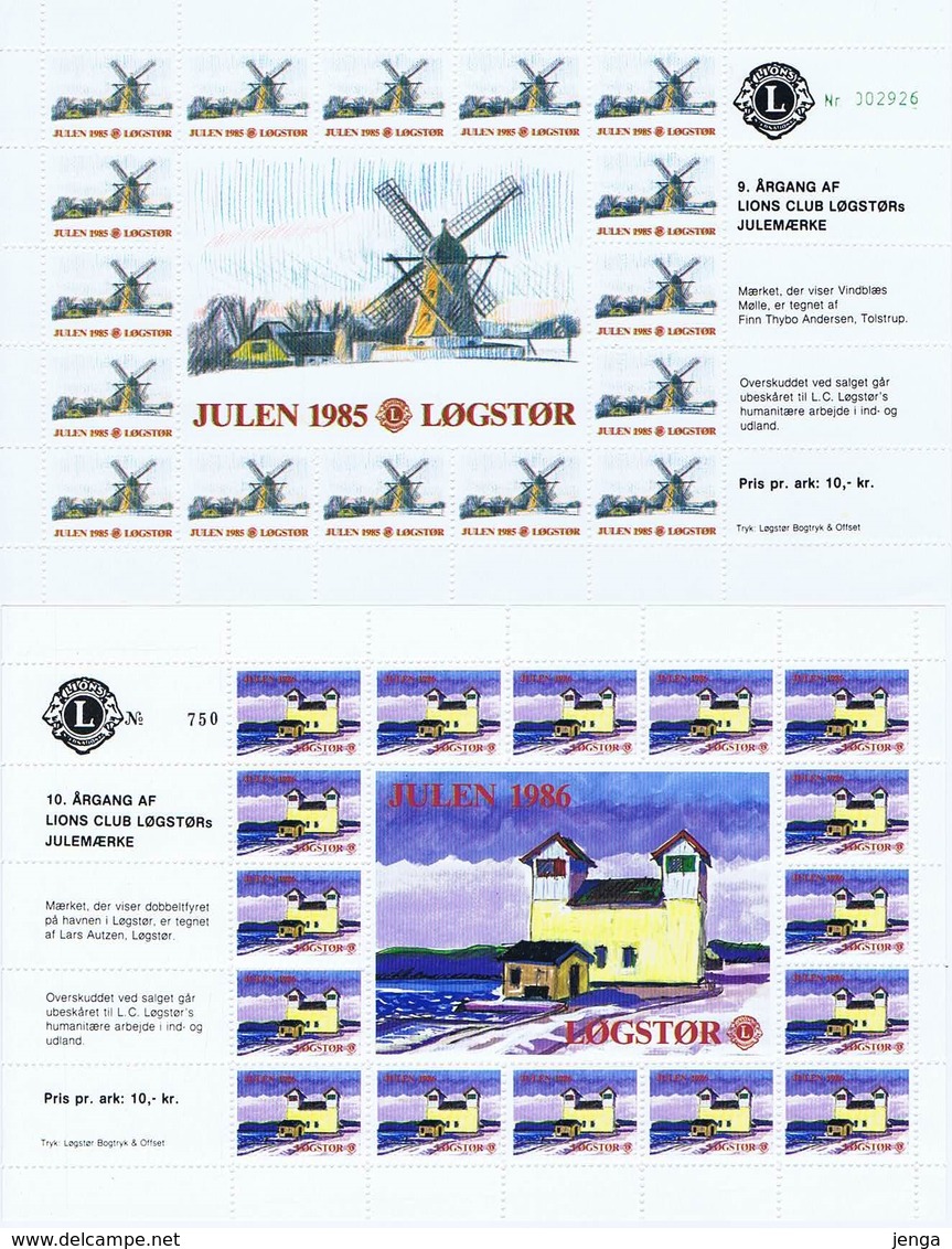 Denmark; Lions Club.  Local Christmas Seals; Løgstør;  1985 - 1991; 7 Full Sheets.  MNH (**) Not Folded - Rotary, Lions Club