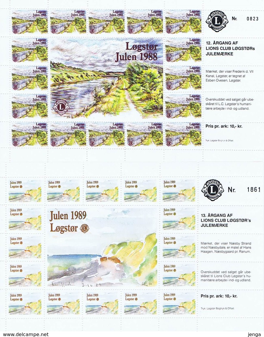 Denmark; Lions Club.  Local Christmas Seals; Løgstør;  1985 - 1991; 7 Full Sheets.  MNH (**) Not Folded - Rotary, Lions Club