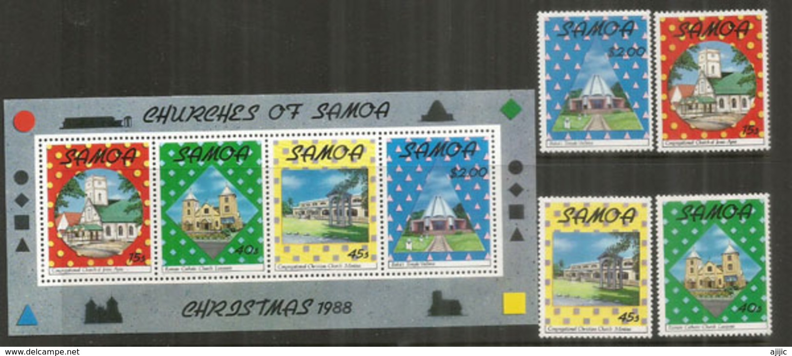 Les  Eglises Des îles SAMOA  Bloc-feuillet + Série 4 Timbres Neufs **  Côte € 10,00 - Samoa