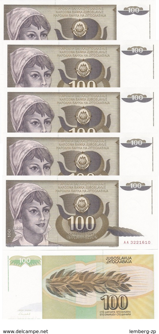 Yugoslavia - 5 Pcs X 100 Dinara 1991 Pick 108 UNC Lemberg-Zp - Yougoslavie