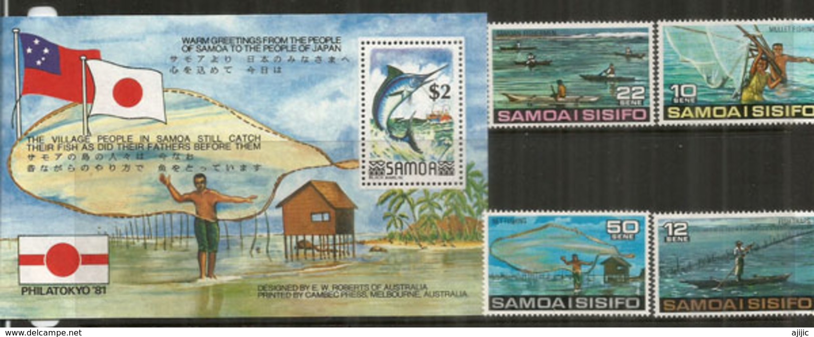 La Pèche Aux ILES SAMOA,  Bloc-feuillet + Série 4 Timbres Neufs **  Côte € 10,00 - Samoa
