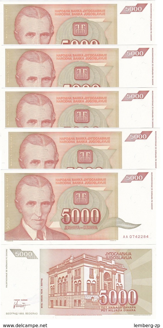 Yugoslavia - 5 Pcs X 5000 Dinara 1993 Pick 128 UNC Lemberg-Zp - Yougoslavie