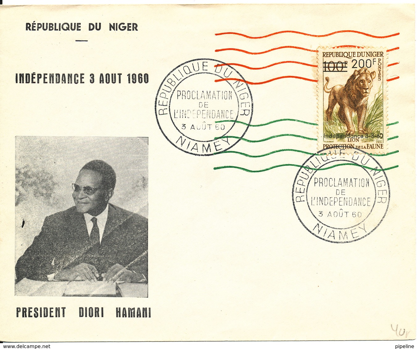 Niger FDC 3-8-1960 INDEPENDANCE Overprinted LION Stamp With President Diori Hamani Cachet - Niger (1960-...)