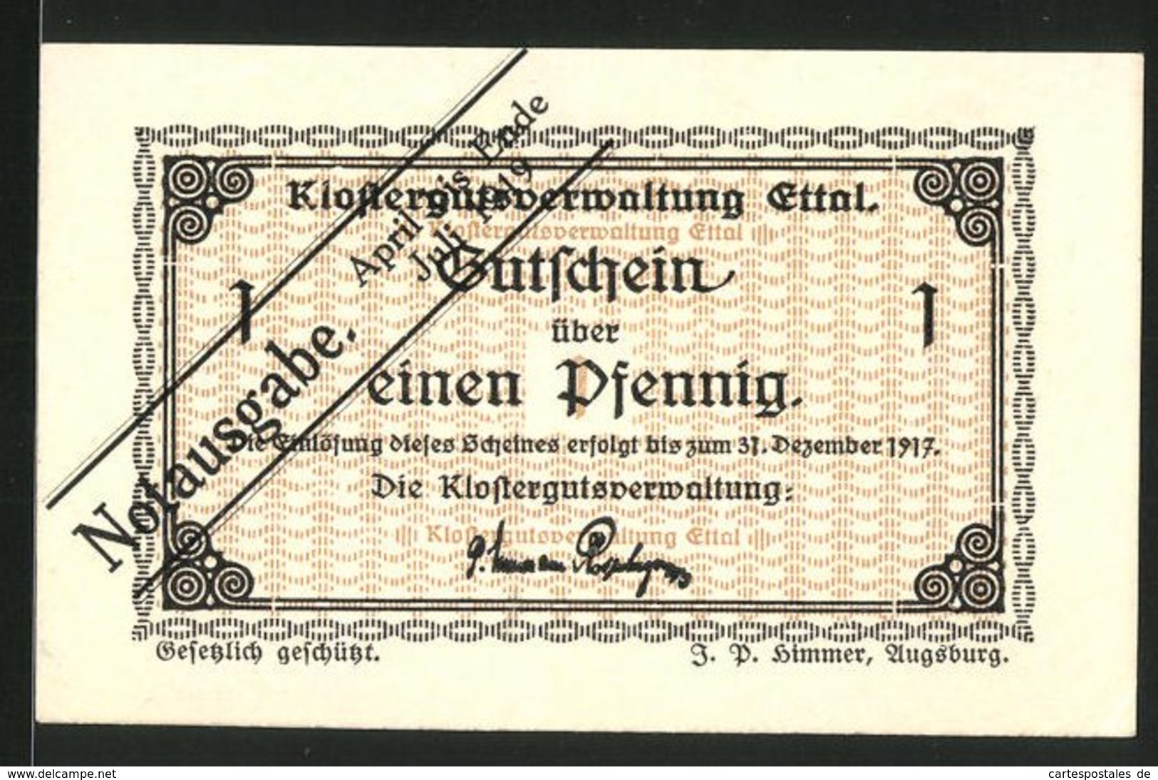 Billet De Nécessité Ettal 1917, 1 Pfennig, Ornamente, überstempelt Notausgabe April Bis Ende Juli 1919 - Lokale Ausgaben