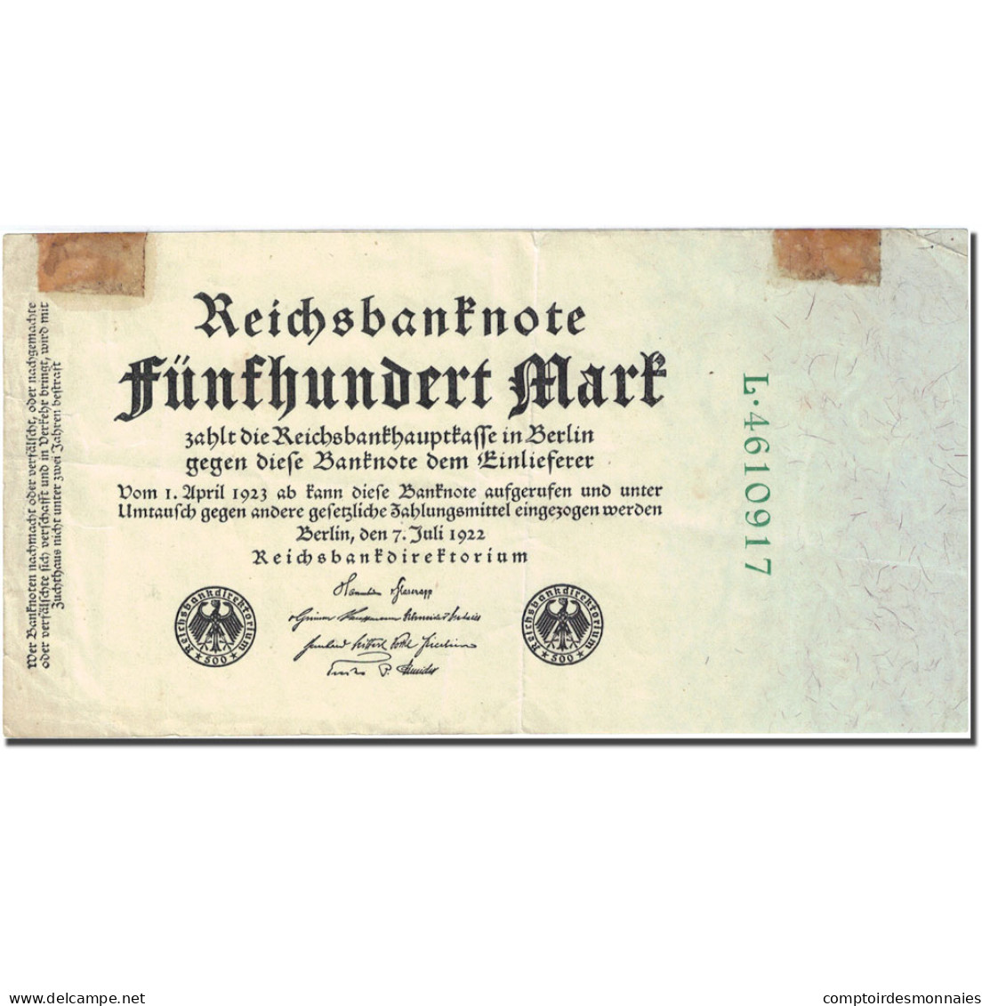 Billet, Allemagne, 500 Mark, 1922, 1922-07-07, KM:74b, TTB - 500 Mark