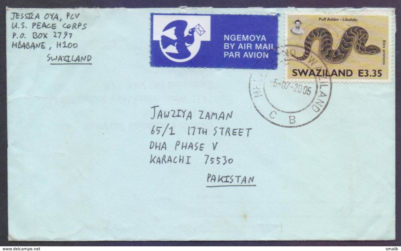 Snakes, Postal History Cover From SWAZILAND, Used 2005 - Swaziland (1968-...)