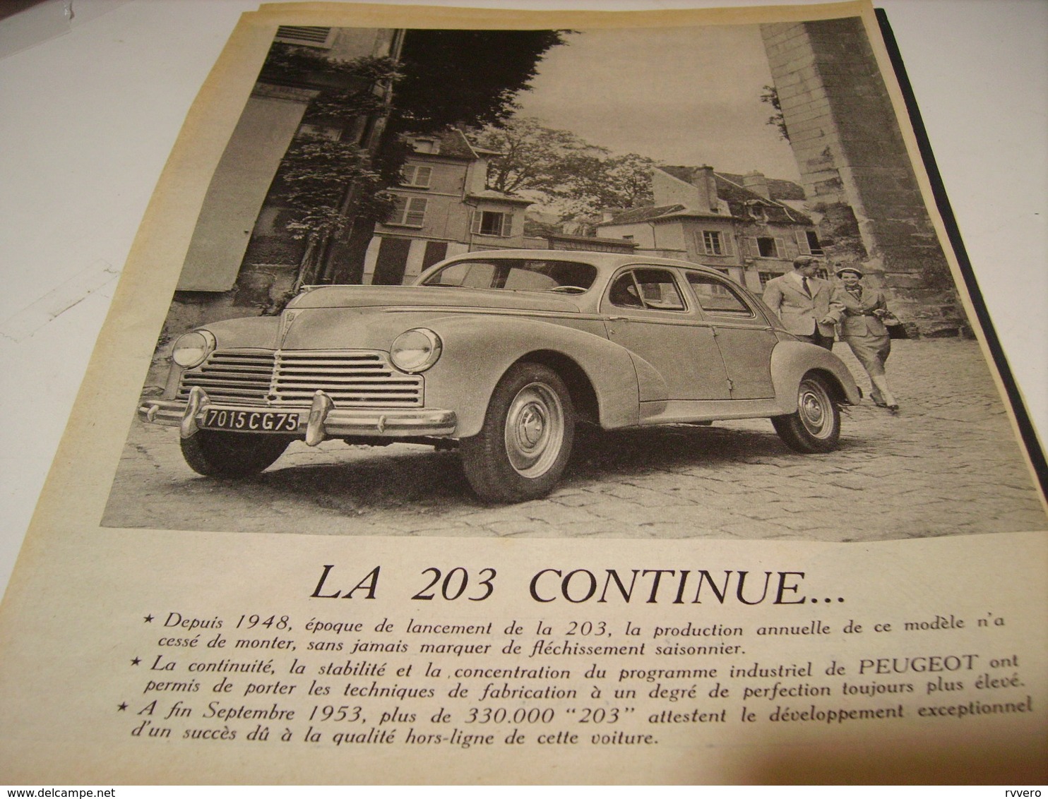 ANCIENNE PUBLICITE  LA 203 CONTINUE PEUGEOT 1954 - Voitures