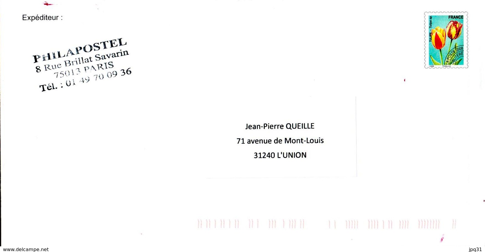 Enveloppe Destineo Seuil 1 Tulipe 2008 Voyagée - Prêts-à-poster:  Autres (1995-...)