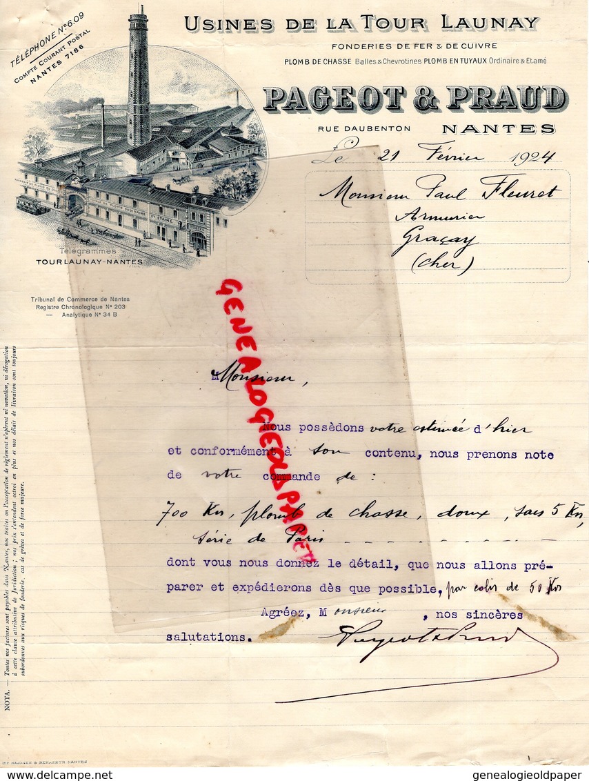 44 - NANTES - BELLE FACTURE USINES DE LA TOUR LAUNAY- PAGEOT & PRAUD-RUE DAUBENTON-1924 USINE - Petits Métiers