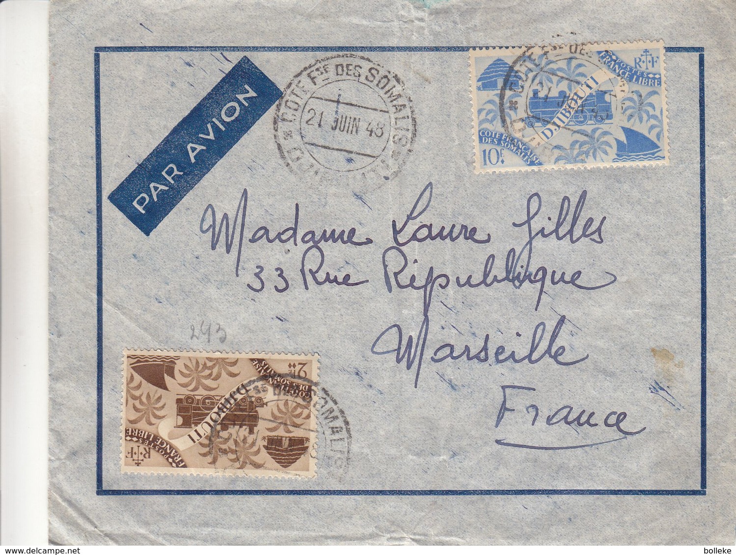 France - Côte Françaises Des Somalis - Lettre De 1948 - Oblit Djibouti - Exp Vers Marseille - Trains - Valeur 25 Euros - Lettres & Documents