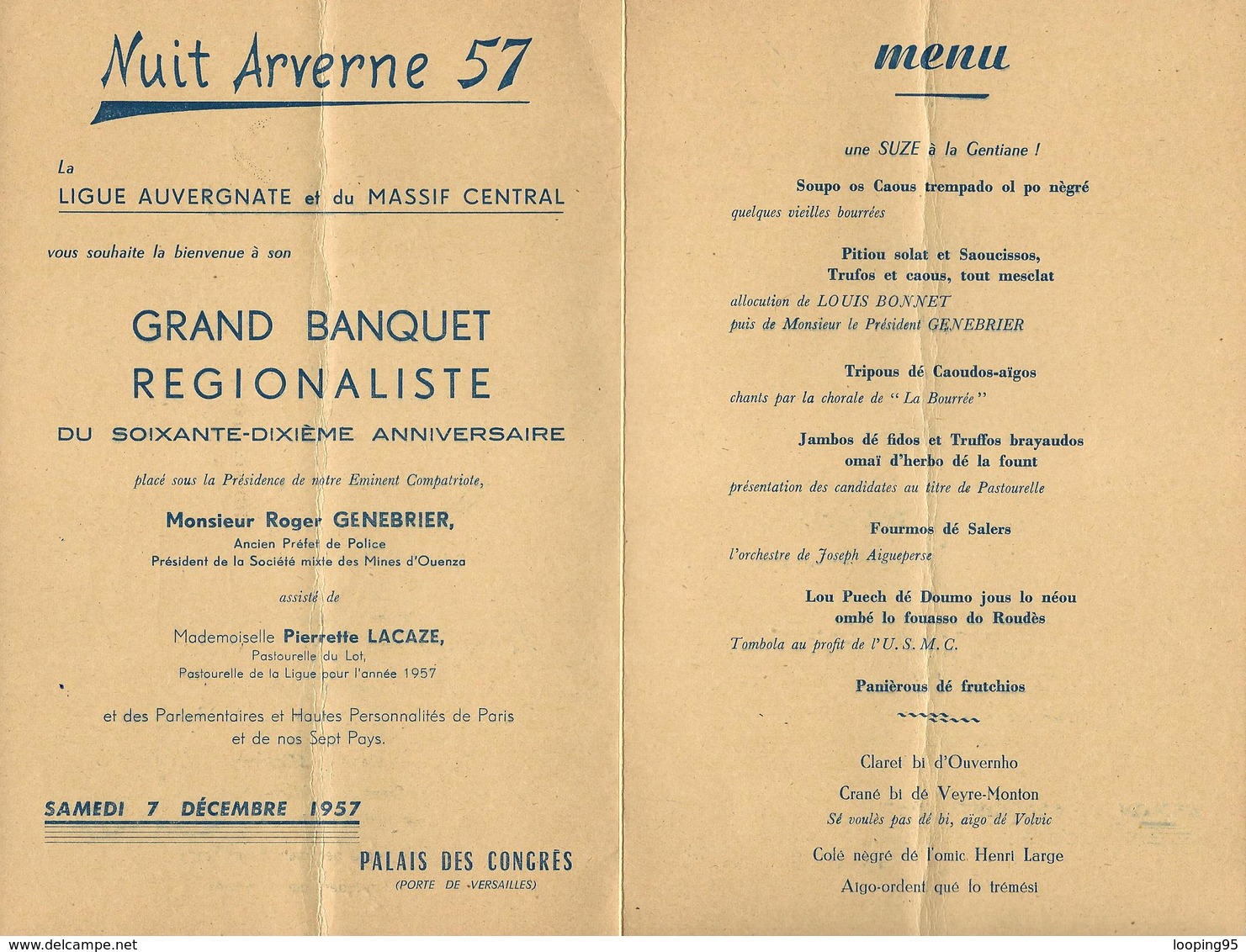 NUIT AVERNE-1957-DESSIN-PEYNET-PUB-SUZE-GENTIANE-VOLVIC-AUVERGNAT DE PARIS-BANQUET REGIONALISTE-TRIPOUS-LOT- - Menú