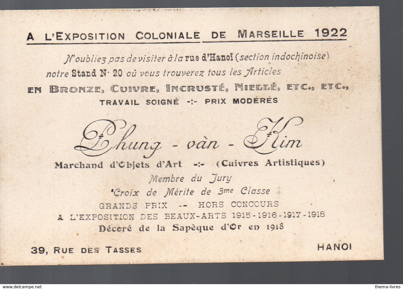 Marseille / Hanoï : Carte PHUNG VAN KIM   Objets D'art EXPOSITION COLONIALE 1922 (PPP14470) - Publicidad