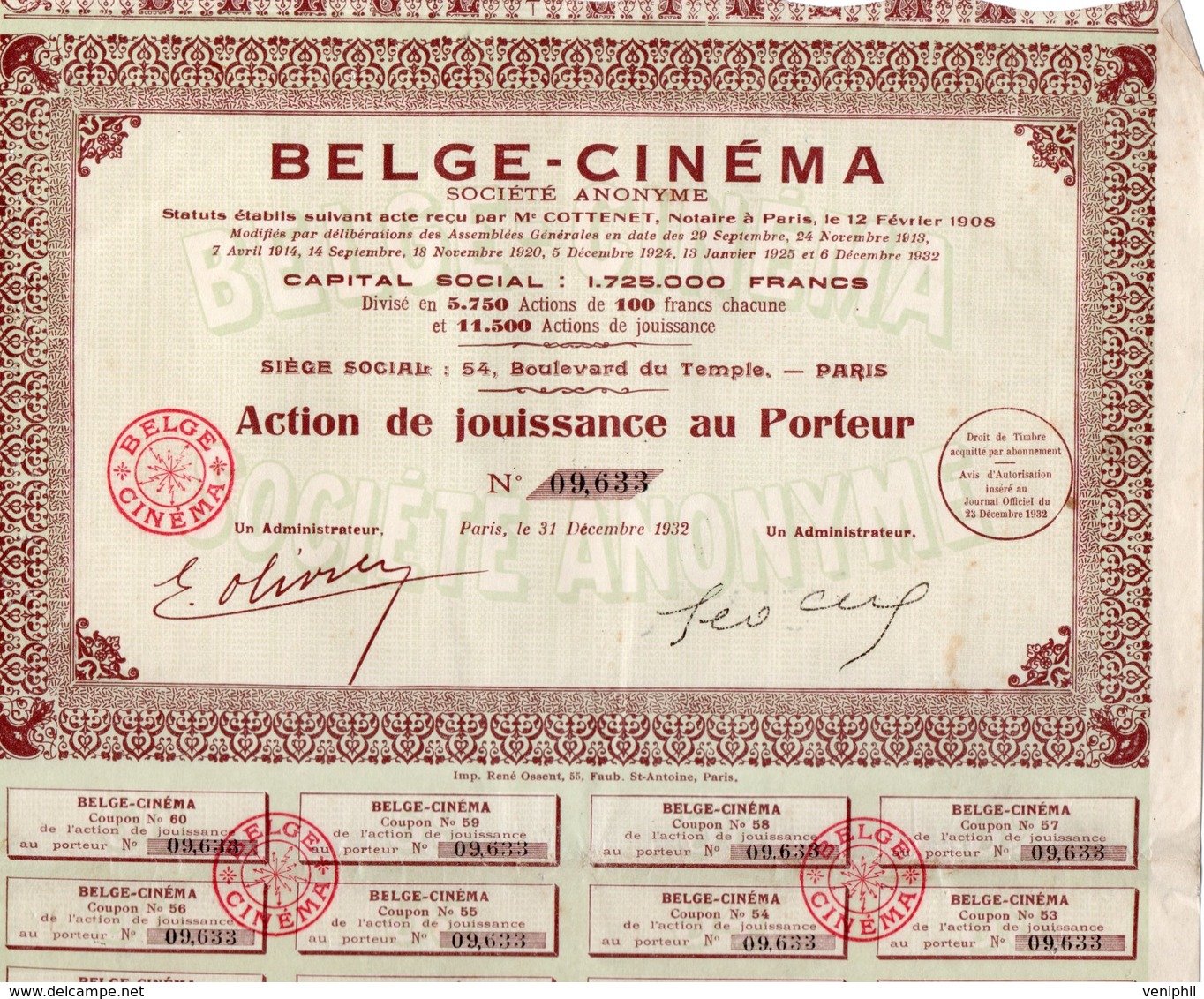 LOT DE 4 ACTIONS DE JOUISSANCE  - BELGE - CINEMA  ANNEE 1932 - Cinéma & Théatre