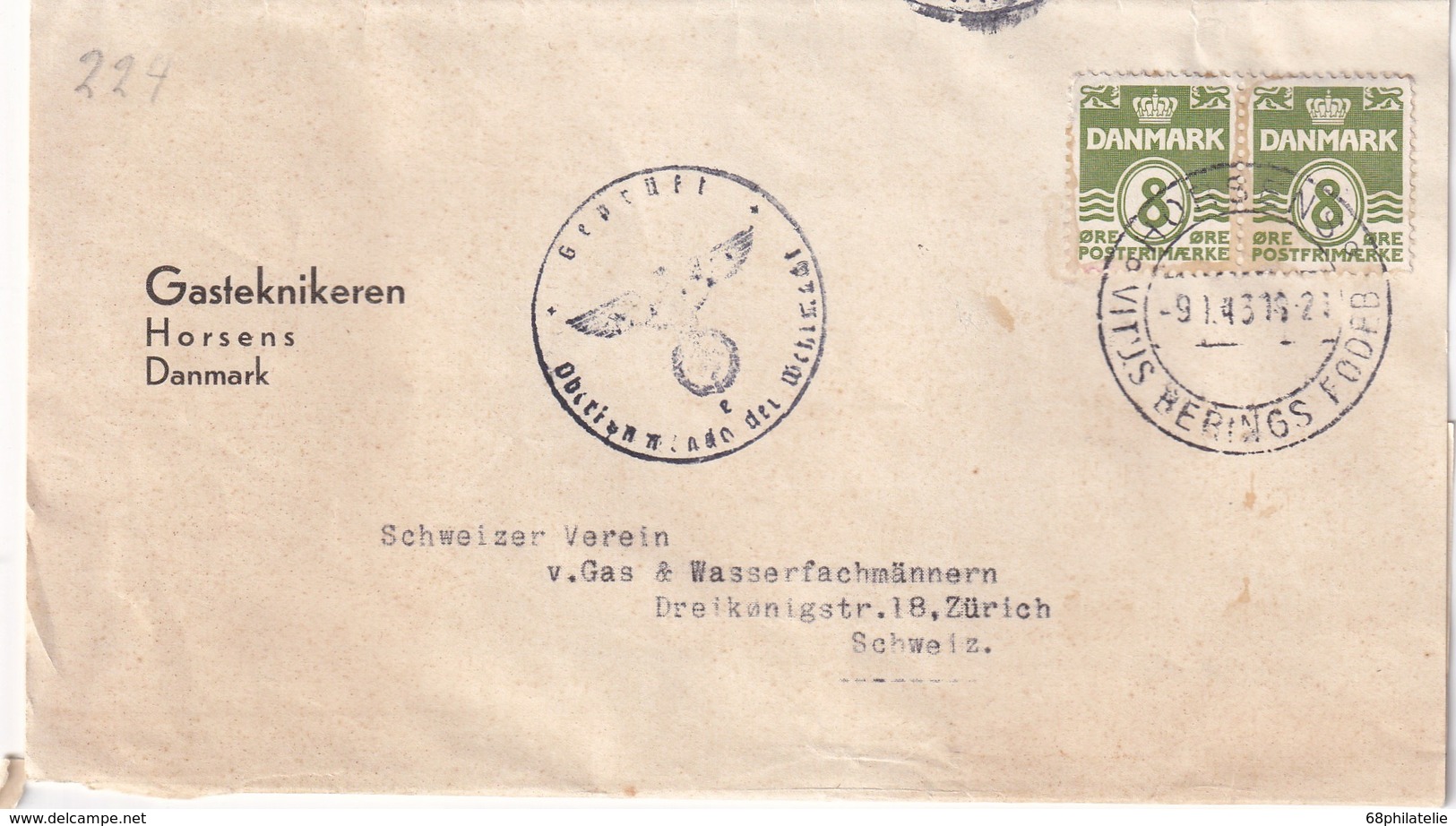 DANEMARK 1943 LETTRE CENSUREE DE HORSENS - Brieven En Documenten