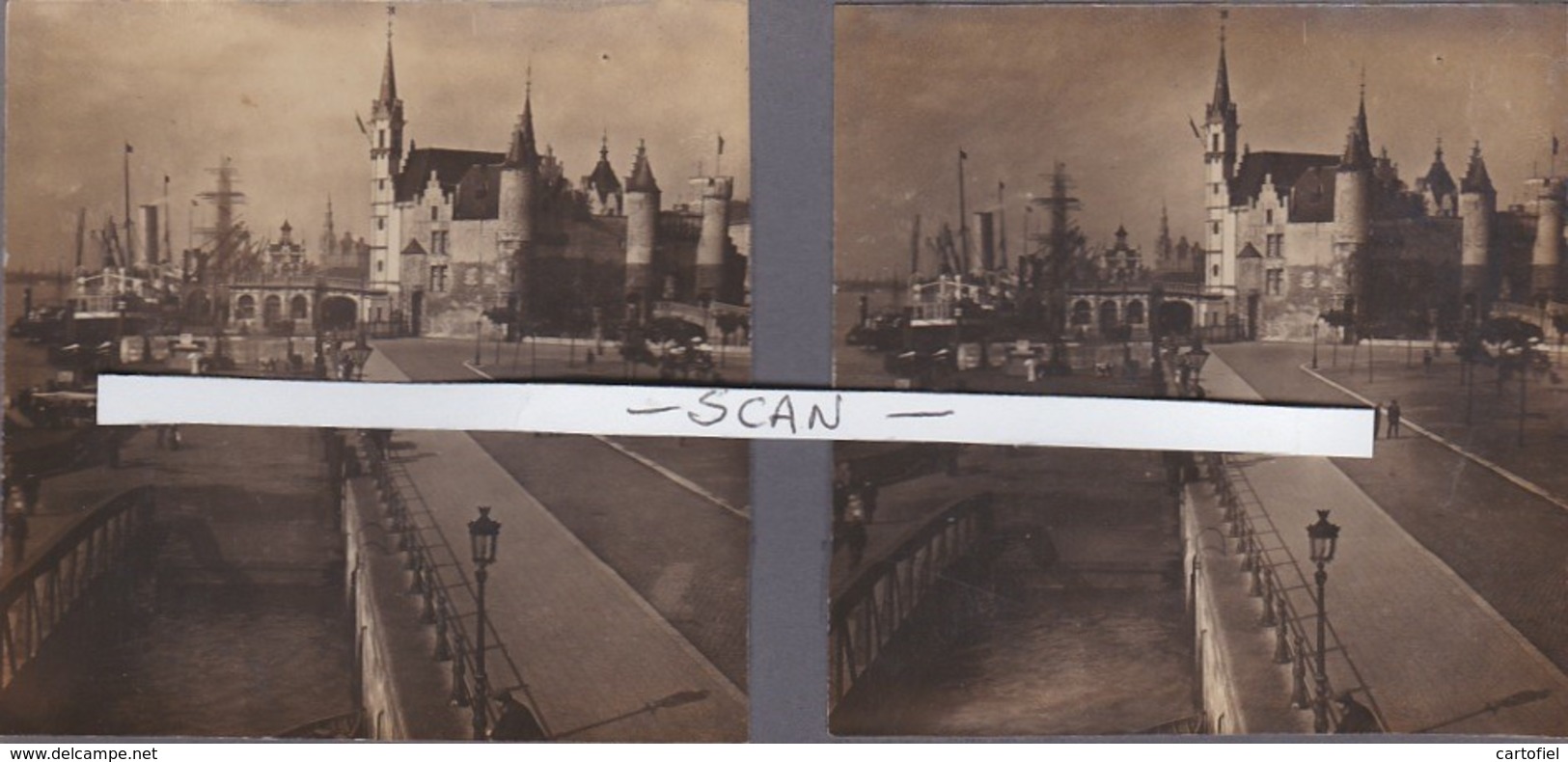 ANTWERPEN-STEREOFOTO-HAVEN-HET STEEN-STOOMBOOT-ZEILSCHIP-BINNENVAART-PENICHES-ZIE DE 2 SCANS! ! ! - Antwerpen