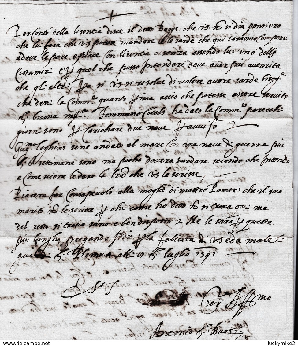 1591 Letter From "A Di Buas, Plymouth" To "Filippo Corsini, London". Written In Italian, English Translation.  Ref 0573 - Other & Unclassified