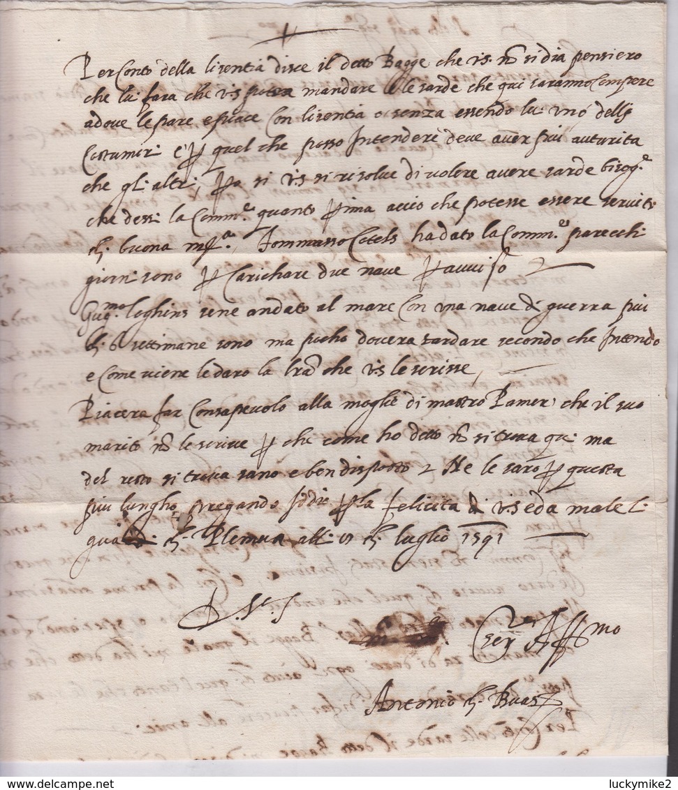 1591 letter from "A di Buas, Plymouth" to "Filippo Corsini, London". Written in Italian, English translation.  ref 0573