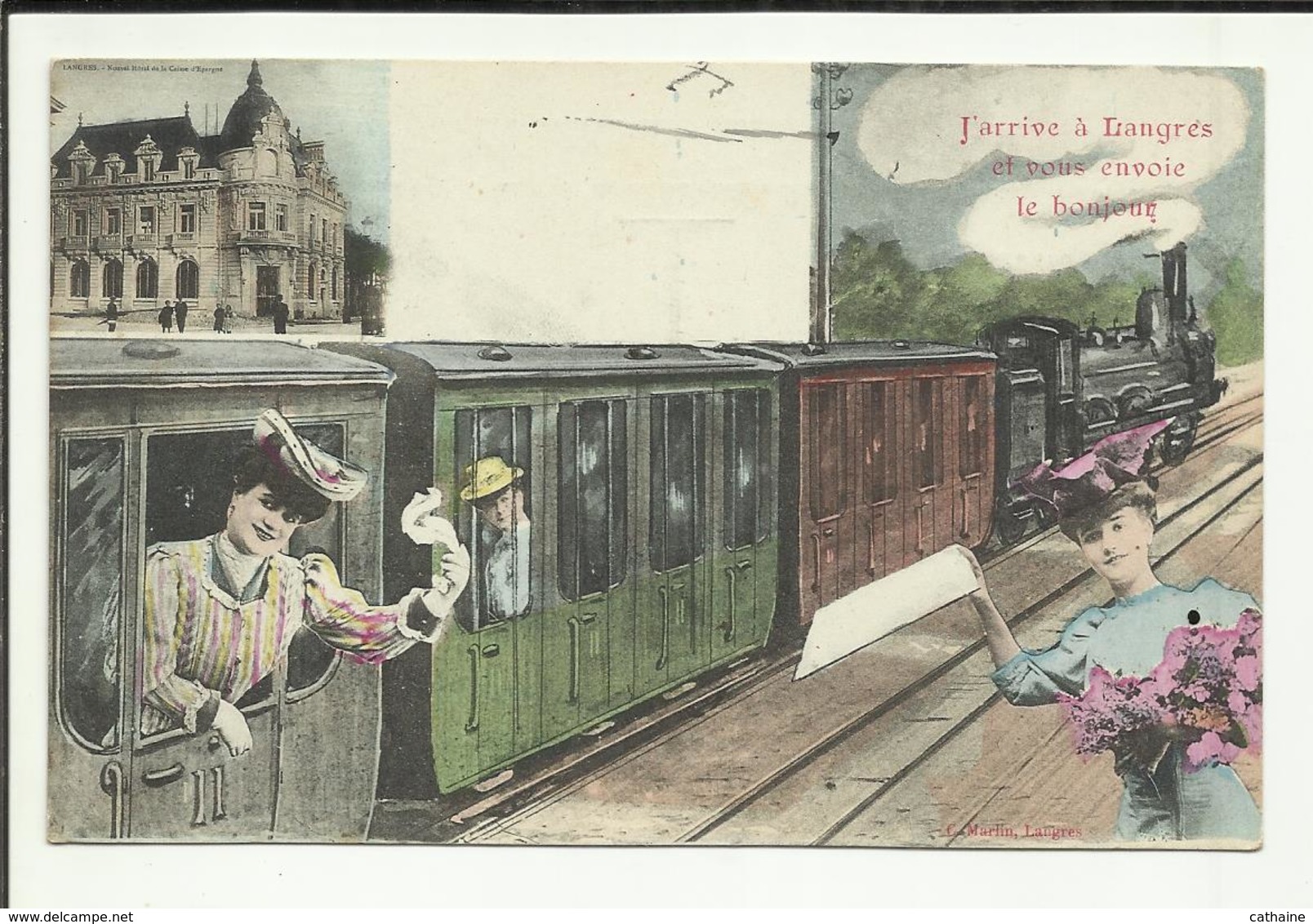 52 . LANGRES . J ARRIVE A LANGRES ET VOUS ENVOIE LE BONJOUR . JEUNES FEMMES DANS UN TRAIN - Langres