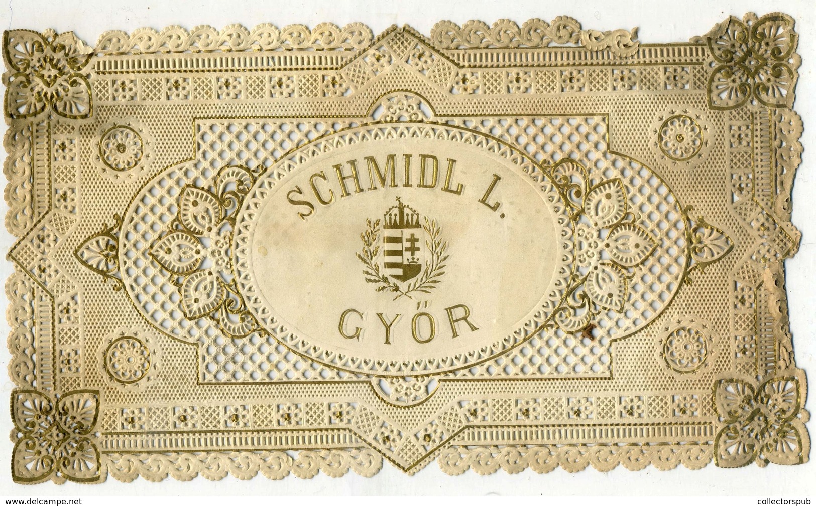 87810a GYŐR 1880. Cca. Schmidl Csokoládé és Cukorka Gyár , Csipkézett, Aranyozott, Címeres Papírtálca .Ritka, Az Egyik E - Advertising