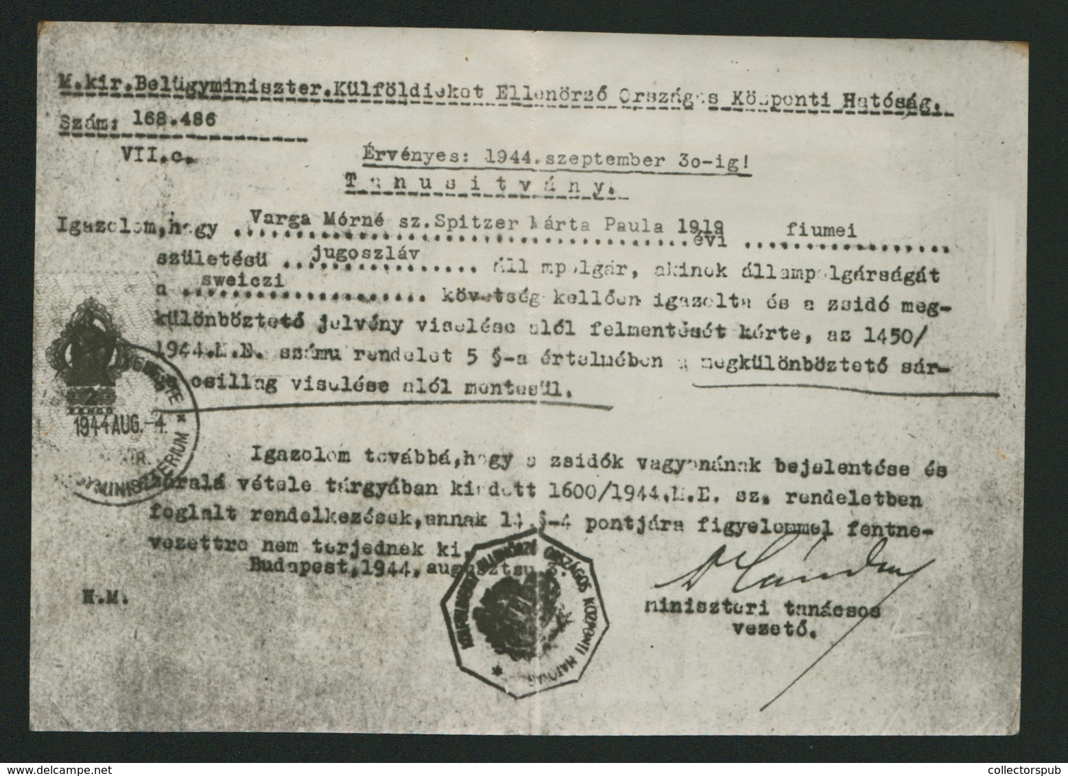 91906 HOLOCAUST 1944-45.  3db Dokumentum , Jugoszláv állampolgárságú, Zsidó Nő Részére Kiállítva - Documents Historiques