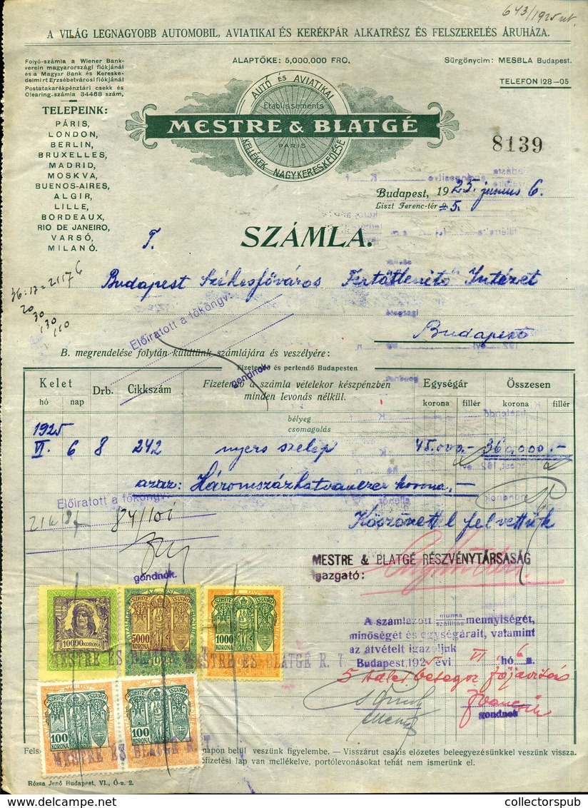 95948 Mestre & Blatgé , Autó és Aviatikai Kelléke, Régi Fejléces,céges Számla 1925. - Zonder Classificatie