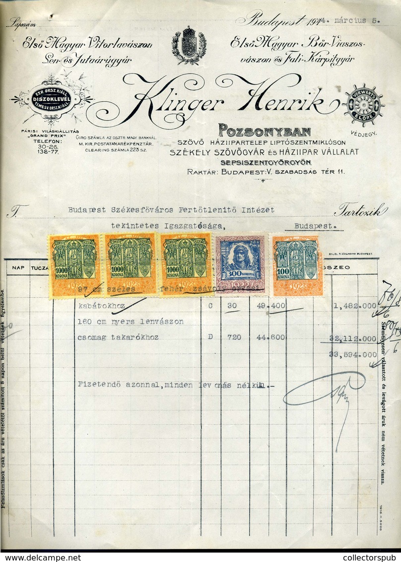 95946 Klinger Henrik , Első Magyar Vitorlavászongyár ,régi Fejléces,céges Számla 1924 - Unclassified