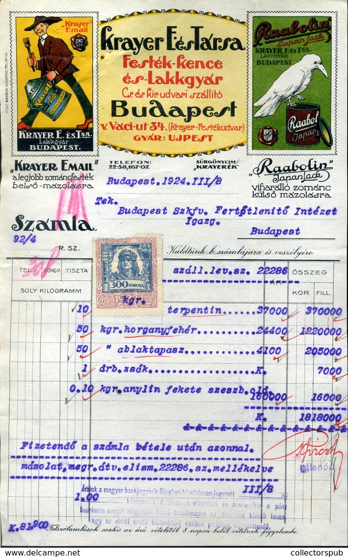 95945 KRAYER Festék,régi F Ejléces,céges Számla 1924 - Non Classés