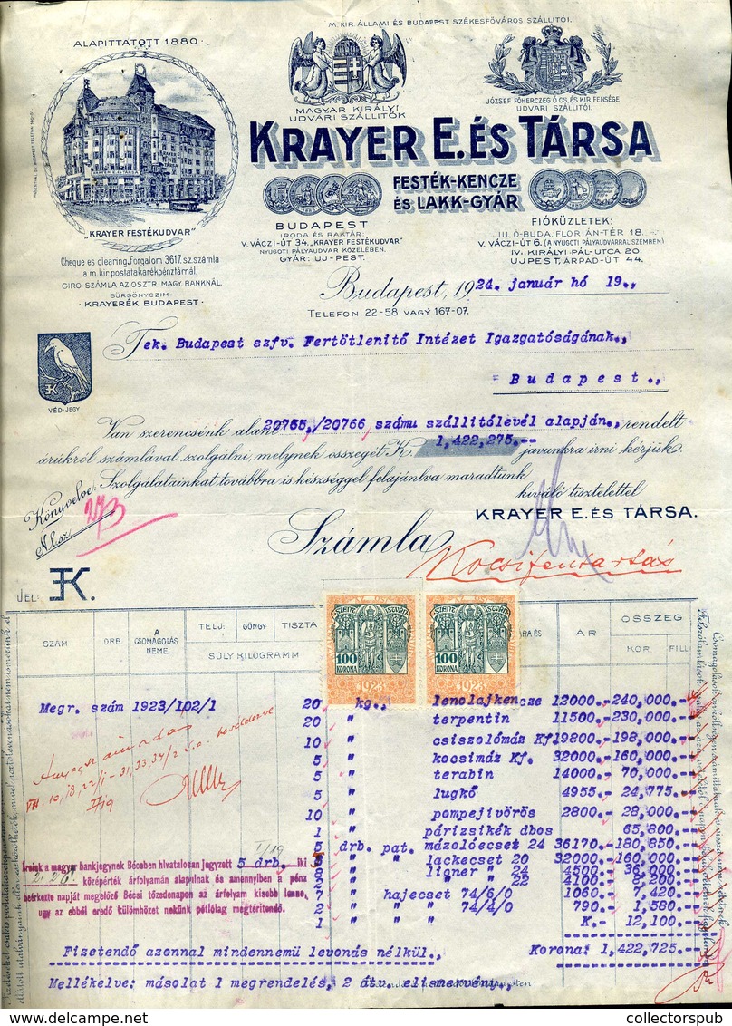 95941 KRAYER E. és Társa, Festékgyár Régi,fejléces,céges Számla 1924 - Non Classés